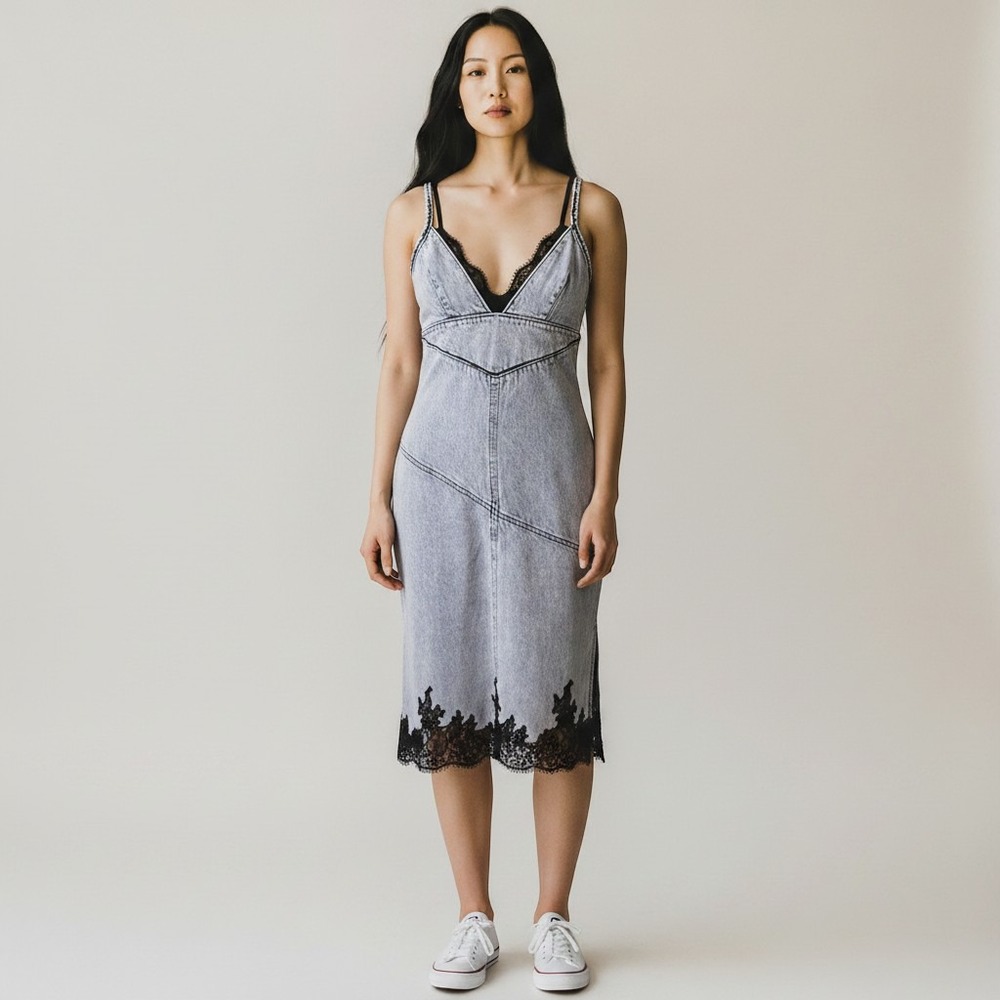 3.1 PHILLIP LIM Acid Wash Denim Lace Trim Midi Dress Blue Black Size 8